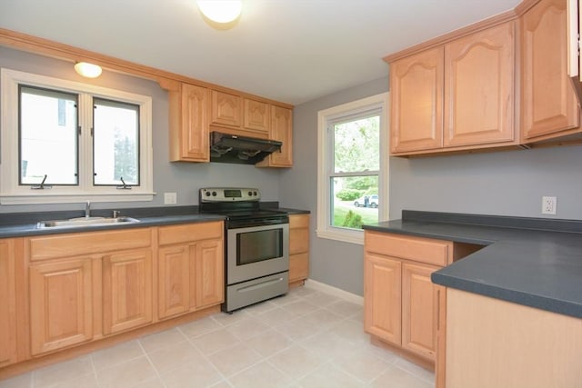 80 Dobbins St, Waltham, MA 02451 - kitchen with electric stove, a sink, light brown cabinetry, and dark countertops