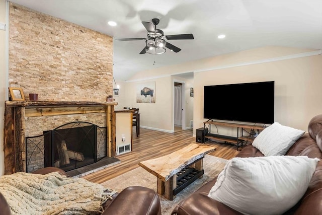 3 Jean Rd, Walpole, MA 02081 - living room featuring ceiling fan, a fireplace, vaulted ceiling, wood finished floors, and recessed lighting