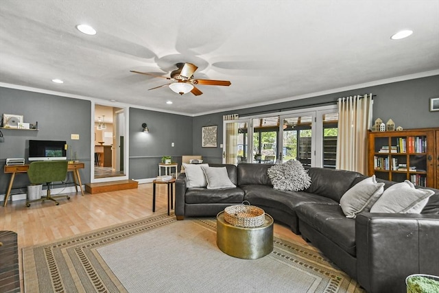 11 Fern Ave, Amesbury, MA 01913 - living room with ornamental molding, ceiling fan, a desk, recessed lighting, and wood finished floors