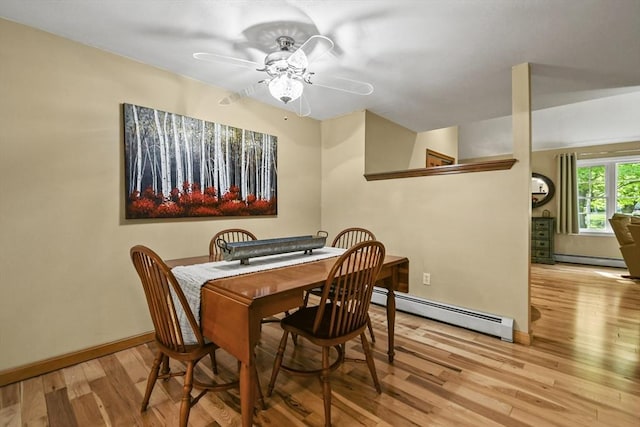 11 Fern Ave, Amesbury, MA 01913 - dining area with a baseboard radiator, wood finished floors, ceiling fan, and baseboards