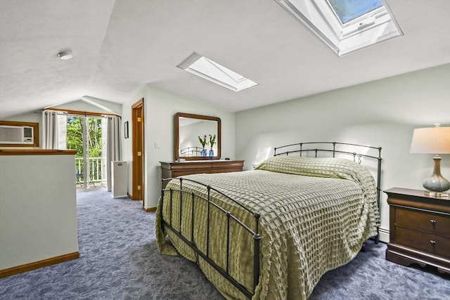 11 Fern Ave, Amesbury, MA 01913 - bedroom featuring a skylight, carpet floors, vaulted ceiling, access to outside, and baseboards