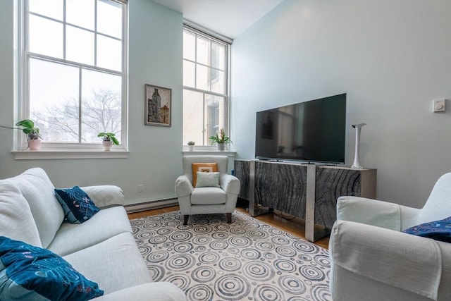 living room with a baseboard heating unit and wood finished floors