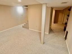 basement with light colored carpet