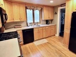 kitchen with light hardwood / wood-style flooring and black appliances