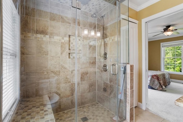 6 Rebanna Rd, Westminster, MA 01473 - ensuite bathroom with ornamental molding, a shower stall, tile patterned floors, and ceiling fan
