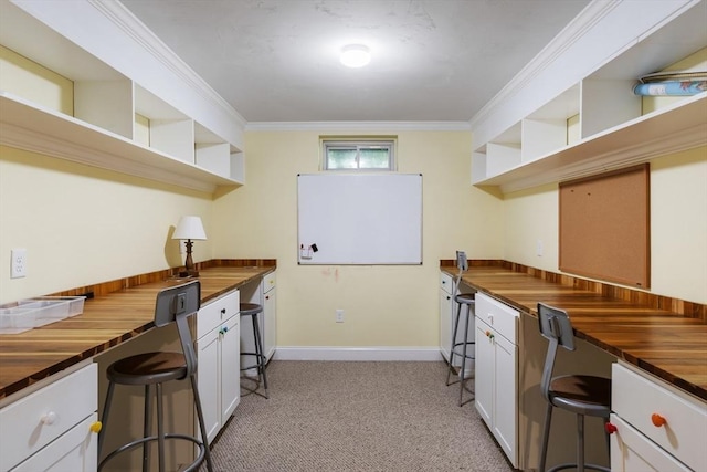 6 Rebanna Rd, Westminster, MA 01473 - kitchen with open shelves, butcher block counters, built in desk, light carpet, and white cabinets