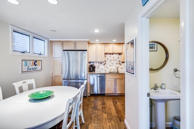 kitchen featuring tasteful backsplash, a sink, recessed lighting, stainless steel appliances, and dark wood-type flooring