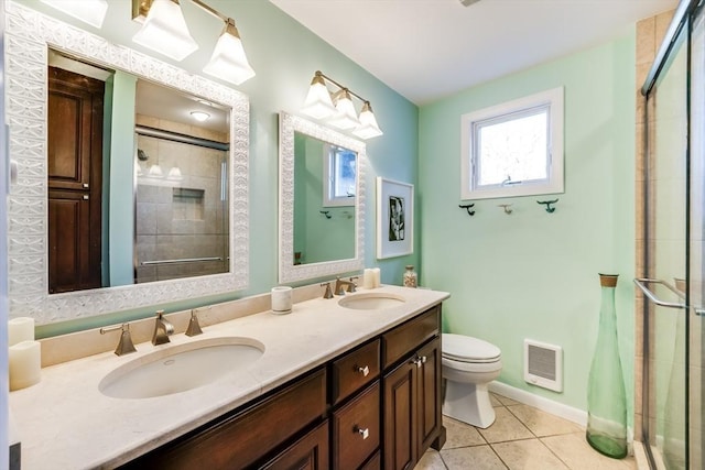 bathroom featuring a sink, visible vents, tile patterned flooring, and a stall shower