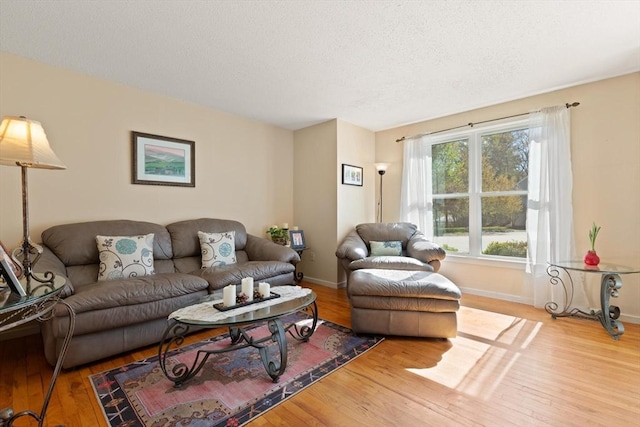 living area with baseboards, a textured ceiling, and wood finished floors
