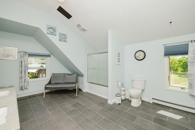 5 Bayview Ave, Fairhaven, MA 02719 - bathroom featuring vaulted ceiling, a baseboard heating unit, plenty of natural light, toilet, and combined bath / shower with glass door