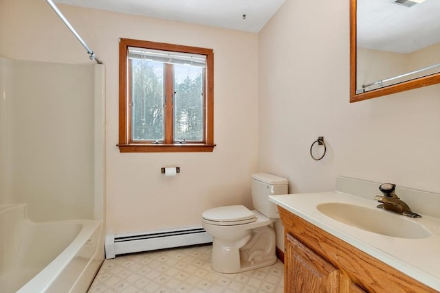 full bathroom with vanity, a baseboard radiator, tub / shower combination, and toilet