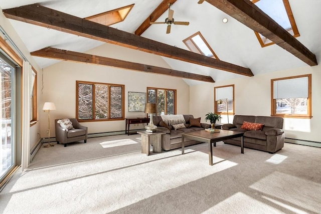 carpeted living room featuring beamed ceiling, a baseboard radiator, high vaulted ceiling, and a skylight