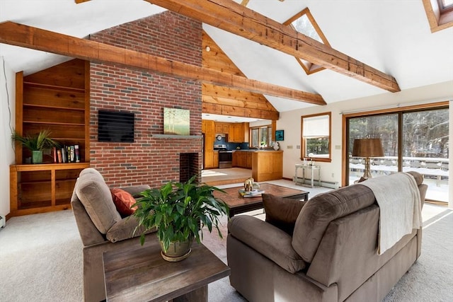 carpeted living room featuring high vaulted ceiling, beamed ceiling, and wood walls