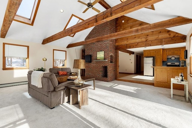 living room featuring beamed ceiling, a baseboard radiator, a fireplace, and high vaulted ceiling