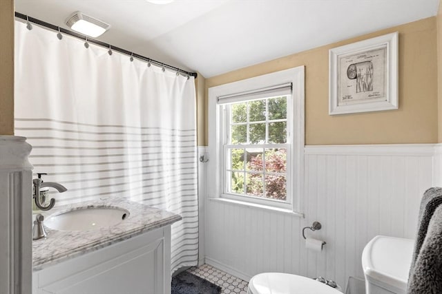 15 Maple St, Salem, MA 01970 - full bathroom featuring vanity, wainscoting, lofted ceiling, and a shower with shower curtain