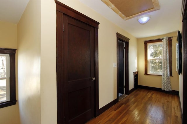 hallway featuring baseboards and dark wood finished floors