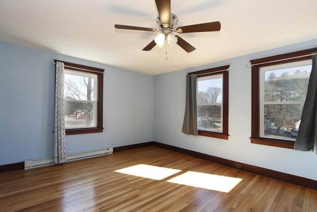 unfurnished room with ceiling fan, baseboards, baseboard heating, and wood finished floors