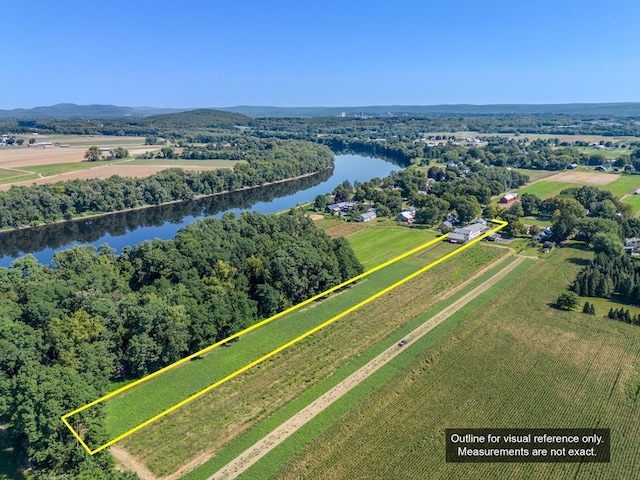 birds eye view of property with a water view and a rural view