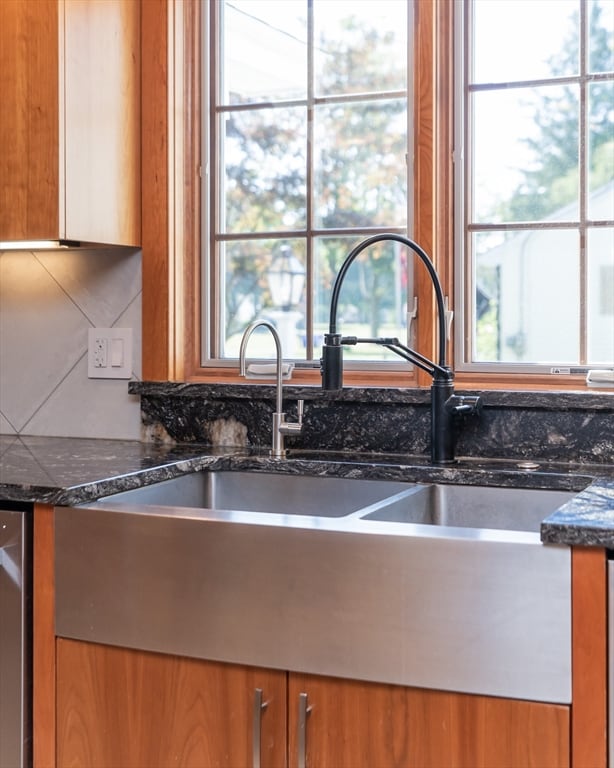 kitchen with dark stone countertops, plenty of natural light, and sink