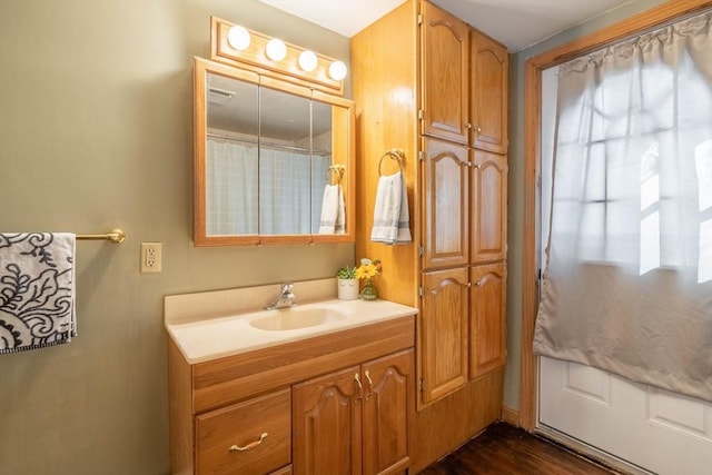 bathroom with hardwood / wood-style flooring and vanity