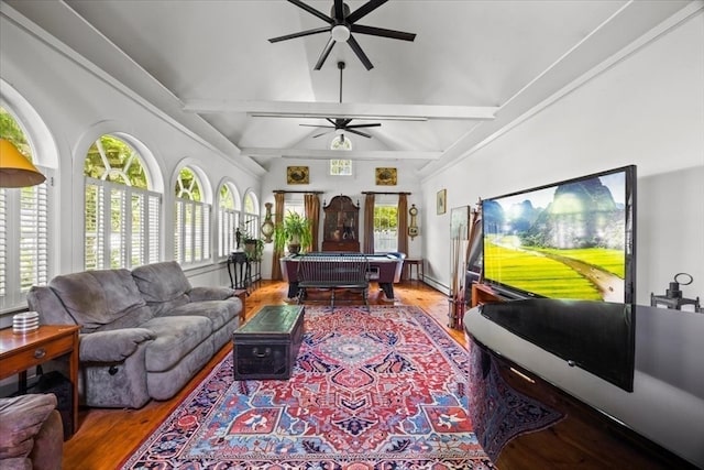 living room with wood-type flooring, pool table, vaulted ceiling with beams, and ceiling fan