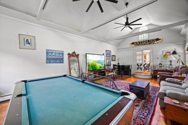 game room featuring pool table, wood-type flooring, ceiling fan, and vaulted ceiling with beams