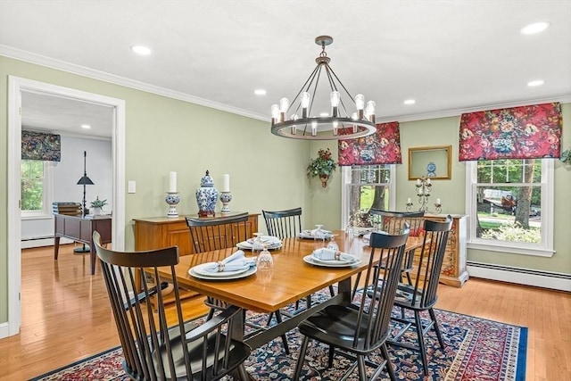 80 Christian Way, North Andover, MA 01845 - dining area featuring recessed lighting, a chandelier, ornamental molding, light wood-type flooring, and baseboard heating