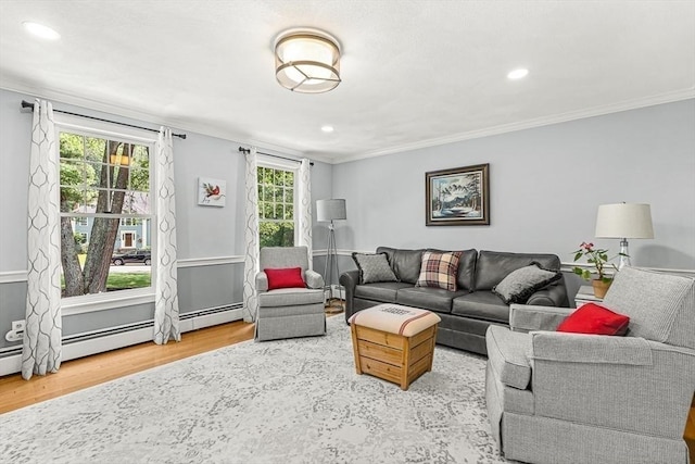 80 Christian Way, North Andover, MA 01845 - living area featuring wood finished floors, crown molding, recessed lighting, and a baseboard radiator