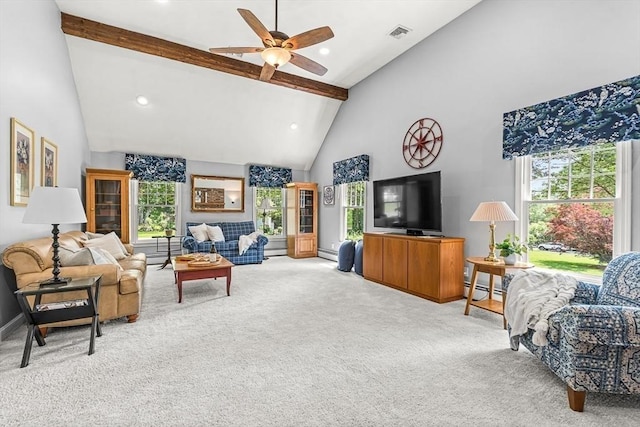 80 Christian Way, North Andover, MA 01845 - living room featuring light carpet, high vaulted ceiling, beamed ceiling, ceiling fan, and a baseboard radiator