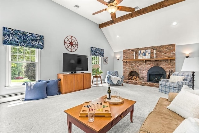 80 Christian Way, North Andover, MA 01845 - living area featuring light carpet, beam ceiling, high vaulted ceiling, ceiling fan, and a fireplace