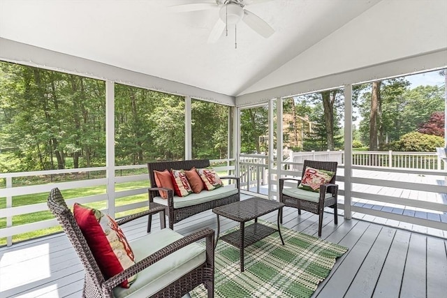 80 Christian Way, North Andover, MA 01845 - sunroom / solarium featuring an outdoor living space, a ceiling fan, vaulted ceiling, view of wooded area, and plenty of natural light