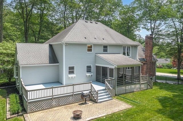 80 Christian Way, North Andover, MA 01845 - rear view of house with an outdoor fire pit, a patio, a sunroom, a deck, and roof with shingles