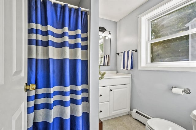 13 Hoyt Ave, Amesbury, MA 01913 - bathroom with baseboard heating, vanity, and curtained shower