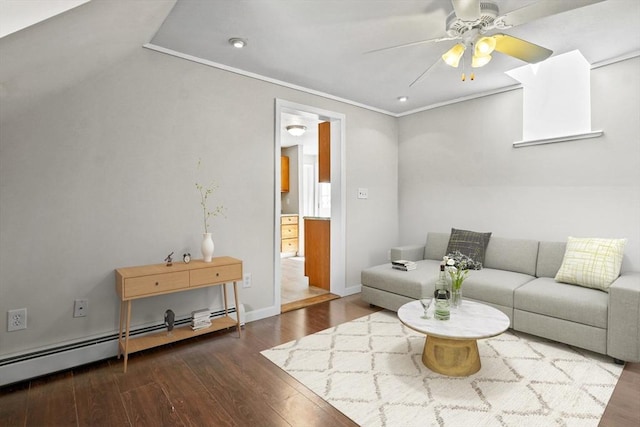 13 Hoyt Ave, Amesbury, MA 01913 - living room with a baseboard radiator, wood finished floors, a ceiling fan, ornamental molding, and recessed lighting