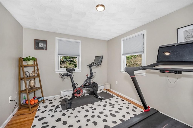 exercise room with wood finished floors, baseboards, and baseboard heating