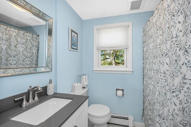 bathroom featuring toilet, visible vents, baseboards, a baseboard heating unit, and vanity