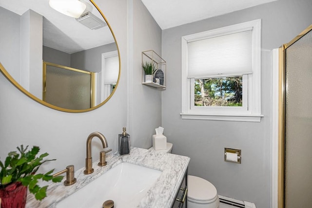 full bathroom with a shower stall, toilet, vanity, and a baseboard heating unit