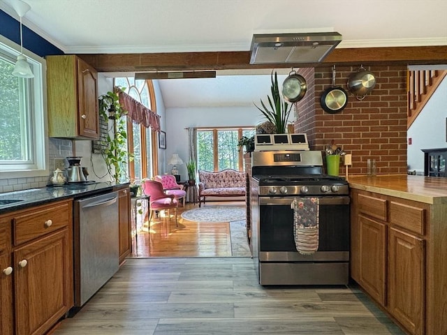 233 Old Wendell Rd, Northfield, MA 01360 - kitchen with appliances with stainless steel finishes, light wood finished floors, brown cabinetry, backsplash, and crown molding