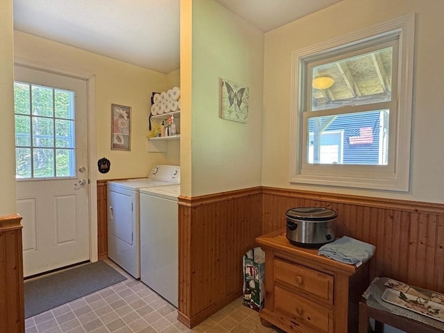 233 Old Wendell Rd, Northfield, MA 01360 - laundry room featuring wainscoting, washer and dryer, and wood walls
