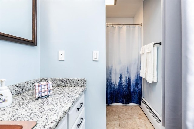 4 Mount Vernon Unit 1, Haverhill, MA 01830 - full bathroom with vanity, a baseboard radiator, curtained shower, and tile patterned floors