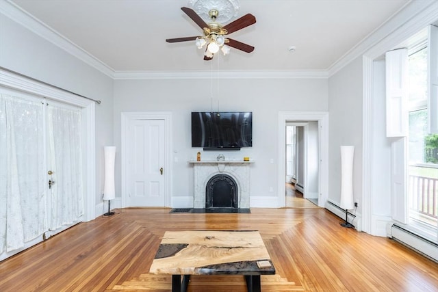 4 Mount Vernon Unit 1, Haverhill, MA 01830 - unfurnished living room featuring a baseboard radiator, a ceiling fan, a fireplace with flush hearth, ornamental molding, and light wood-style floors
