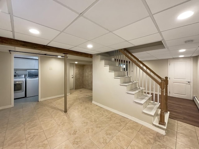 444 Lowell St, Reading, MA 01867 - finished basement featuring stairway, a paneled ceiling, separate washer and dryer, baseboards, and recessed lighting