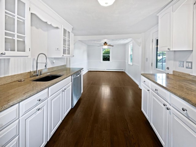 444 Lowell St, Reading, MA 01867 - kitchen with a sink, dishwasher, dark wood finished floors, and white cabinetry
