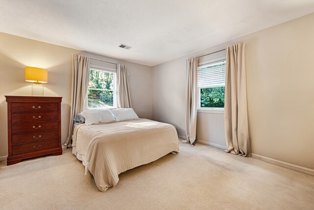 bedroom with light colored carpet and multiple windows