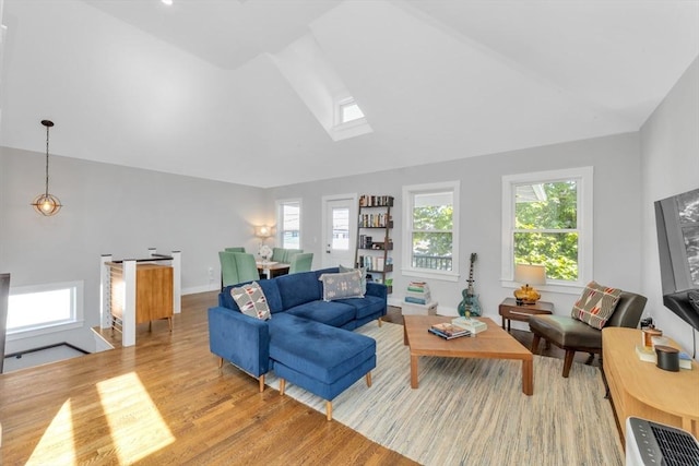 72 Rawson Rd Unit 2, Arlington, MA 02474 - living room featuring wood finished floors, high vaulted ceiling, and baseboards