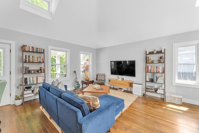 72 Rawson Rd Unit 2, Arlington, MA 02474 - living area with healthy amount of natural light, wood finished floors, vaulted ceiling, a skylight, and baseboards
