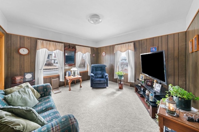 living area featuring carpet and wooden walls