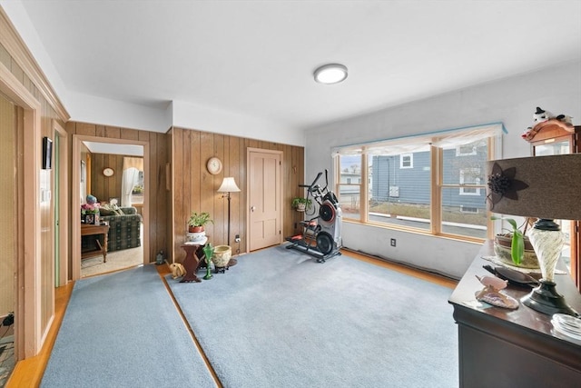 workout room featuring wood walls and carpet