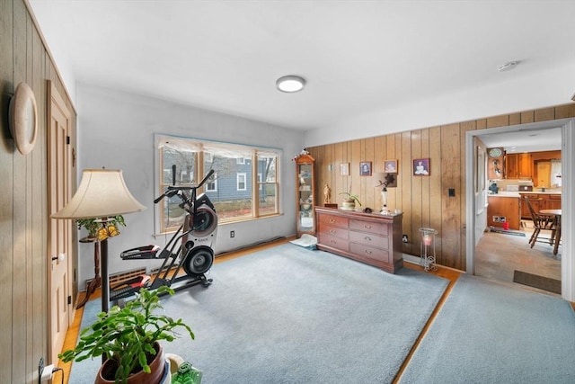 exercise room featuring carpet flooring and wooden walls