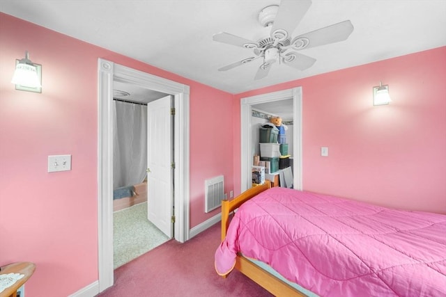 bedroom featuring carpet floors, visible vents, ceiling fan, and baseboards